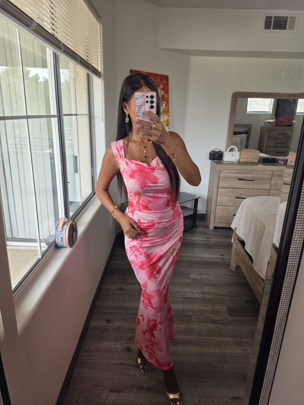 Pink Floral Satin Maxi Dress - Sleeveless Cowl Neck